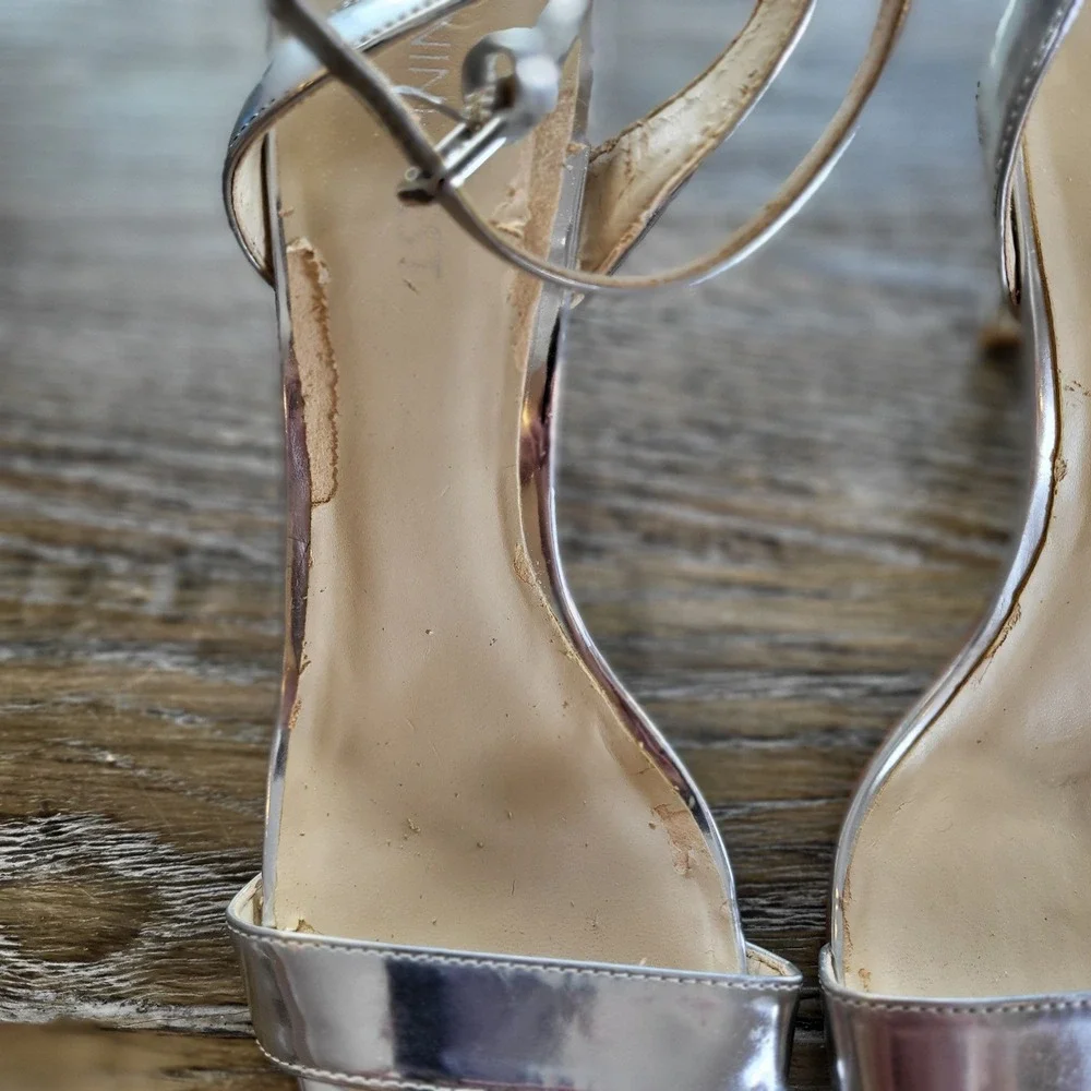 Nine West Silver Metallic Ankle Strap Stiletto Heels Sandals Women Size 8.5